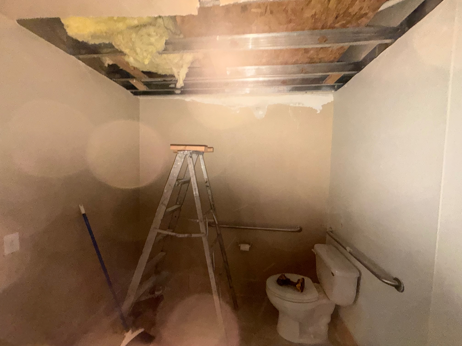 Interior bathroom with an opened ceiling section and a ladder set up for repair work.